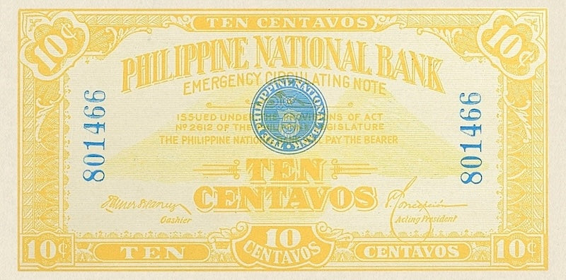 Philippines banknotes,  World War 1 Emergency Issue, 10 centavos, Year 1917, Pick P-39, UNC
