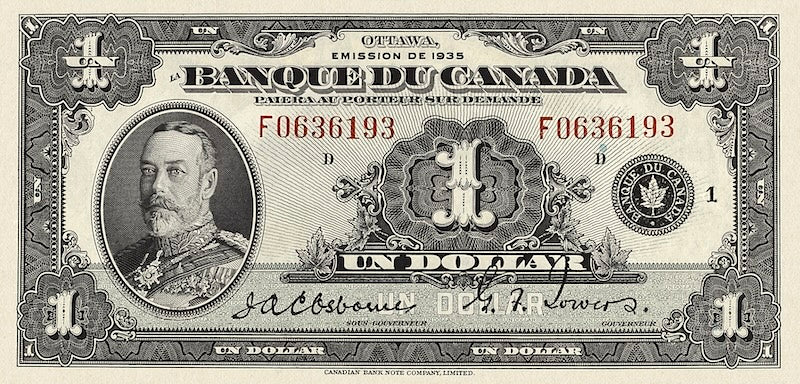 Canada banknotes, Banque du Canada French Series, $1 Dollar, 1935, Pick P-39, UNC