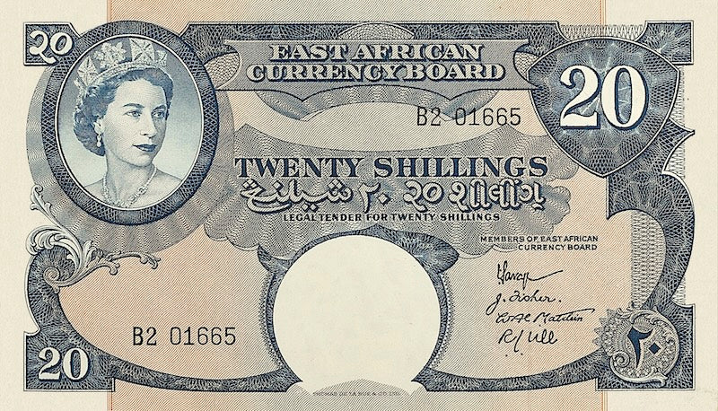 British East Africa banknotes, Queen Elizabeth II, 20 Shillings, 1958, Pick P-39, UNC