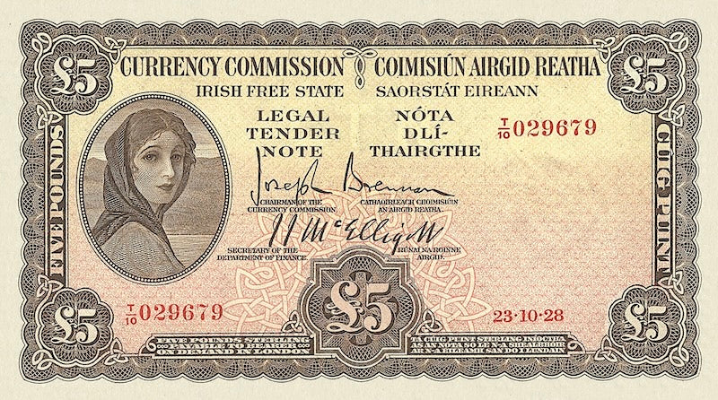 Ireland banknotes, Irish Free State (Saorstát Éireann), Lady Lavery Issue,  £5 Pounds, 1928, Pick  P-3A, UNC