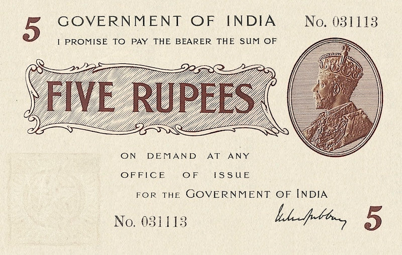 British India banknote, King George V, 5 Rupees, 1917, Pick P-3, UNC