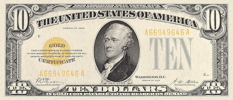 United States Treasury Gold Certificates banknote, $10 Dollars, Year 1928, Pick P-400, UNC