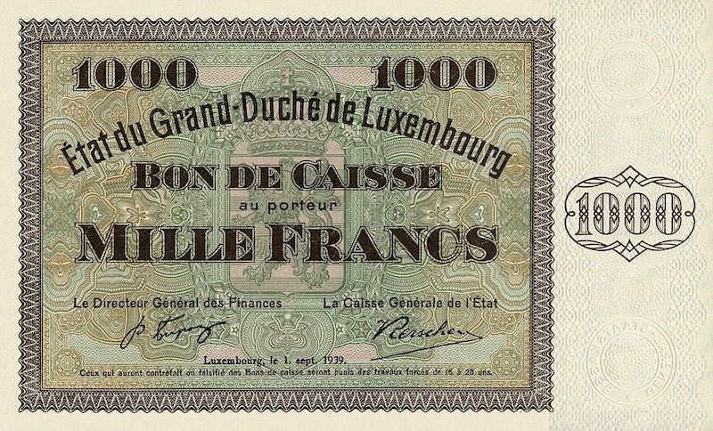 Luxembourg banknote, Kassenschein, 1000 Francs, 1939, Pick P-40, UNC