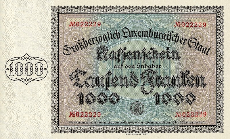 Luxembourg banknote, Kassenschein, 1000 Francs, 1939, Pick P-40, UNC
