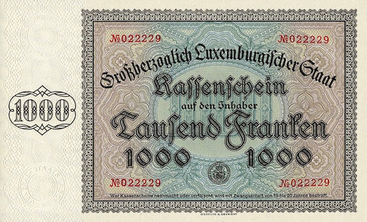 Luxembourg banknote, Kassenschein, 1000 Francs, 1939, Pick P-40, UNC