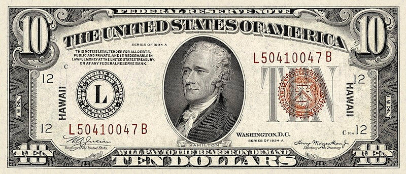 United States, Hawaii Overprint Emergency Issue banknote, $10 Dollars, 1942, Pick P-40, UNC