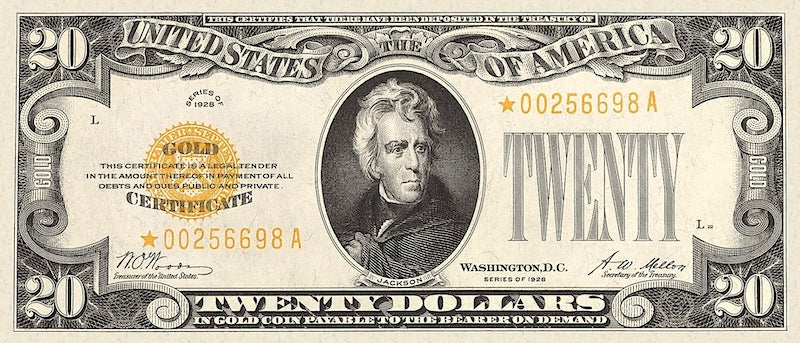 United States Treasury Gold Certificates banknote, $20 Dollars, Year 1928, Pick P-401, UNC