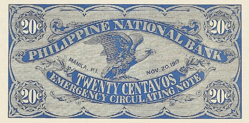 Philippines banknotes,  World War 1 Emergency Issue, 20 centavos, Year 1917, Pick P-40, UNC