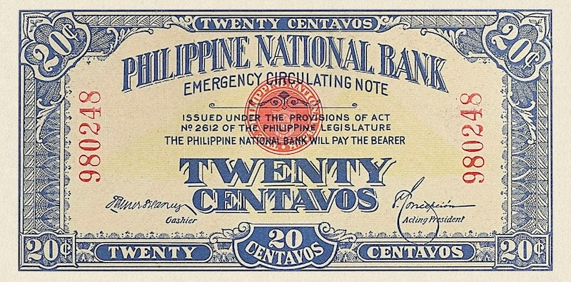 Philippines banknotes, World War 1 Emergency Issue, 20 centavos, Year 1917, Pick P-40, UNC