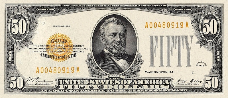United States Treasury Gold Certificates banknote, $50 Dollars, Year 1928, Pick P-402, UNC