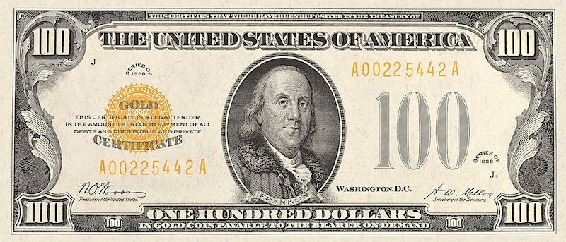 United States Treasury Gold Certificates banknote, $100 Dollars, Year 1928, Pick P-403, UNC