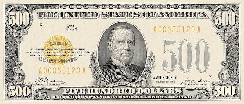 United States Treasury Gold Certificates banknote, $500 Dollars, Year 1928, Pick P-404, UNC
