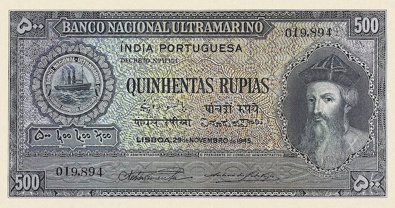 Portuguese India banknote, Banco Nacional Ultramarino, Afonso de Albuquerque, 500 Rupias / rupees, 1945, Pick P-40, UNC