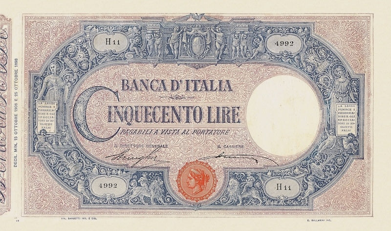 Italy banknote, Banca D'Italia, Seal Italia / Decreto Issue, 500 Lire, 1896, Pick P-40, UNC