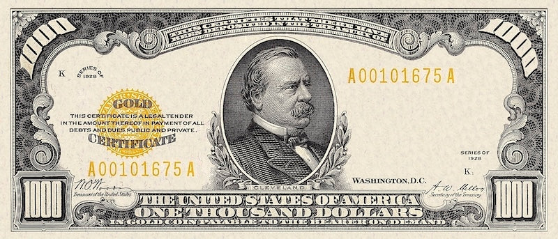 United States Treasury Gold Certificates banknote, $1000 Dollars, Year 1928, Pick P-405, UNC