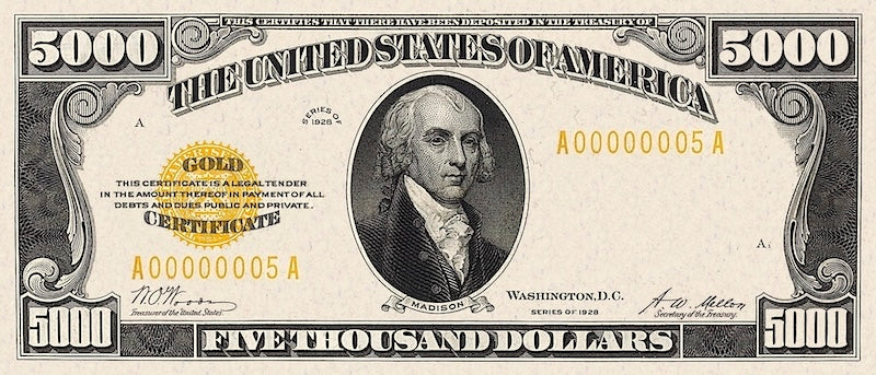 United States Treasury Gold Certificates banknote, $5000 Dollars, Year 1928, Pick P-406, UNC