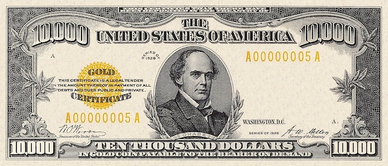 United States Treasury Gold Certificates banknote, $10000 Dollars, Year 1928, Pick P-407, UNC