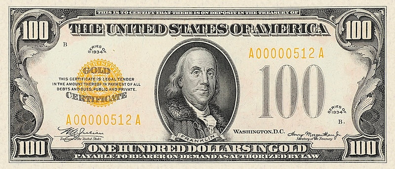 United States Treasury Gold Certificate banknote, $100 Dollars, 1934, Pick P-408, UNC