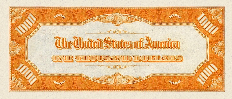 United States Treasury Gold Certificate banknote, $1000 Dollars, 1934, Pick P-409, UNC