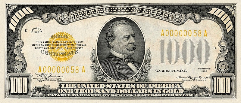 United States Treasury Gold Certificate banknote, $1000 Dollars, 1934, Pick P-409, UNC