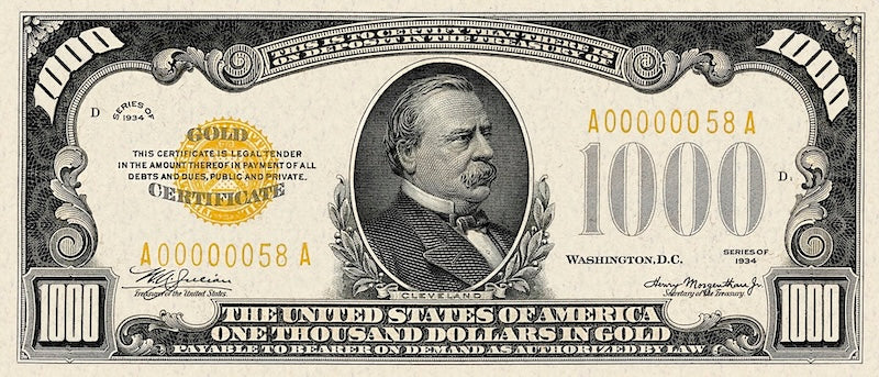 United States Treasury Gold Certificate banknote, $1000 Dollars, 1934, Pick P-409, UNC