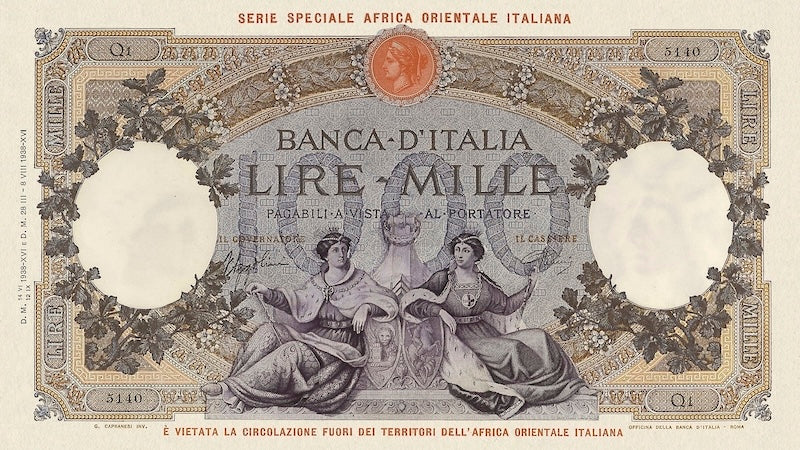Italian East Africa banknote, Banca d'Italia, 1000 Lire, 1938, Pick P-4, UNC