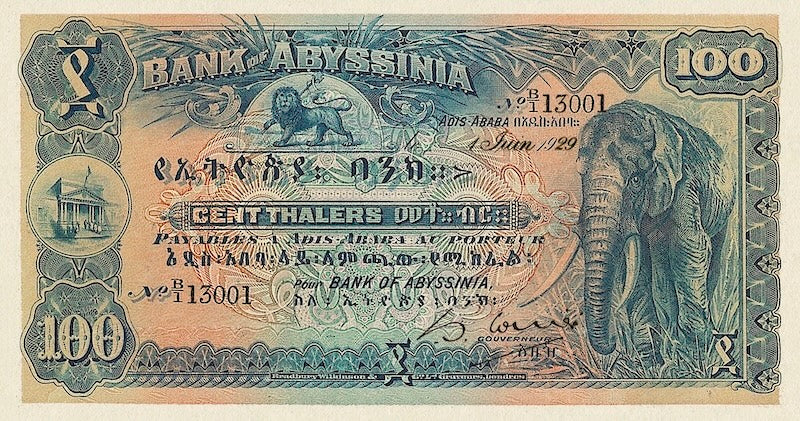 Ethiopia banknotes, Bank of Abyssinia, 100 Thalers, 1915, Pick P-4, UNC