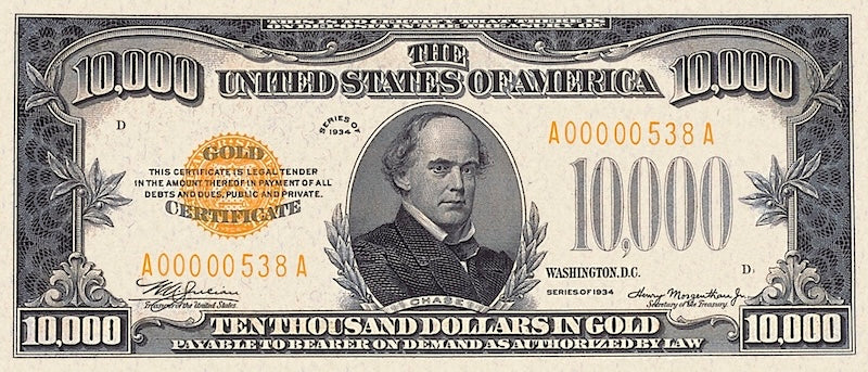 United States Treasury Gold Certificate banknote, $10000 Dollars, 1934, Pick P-410, UNC