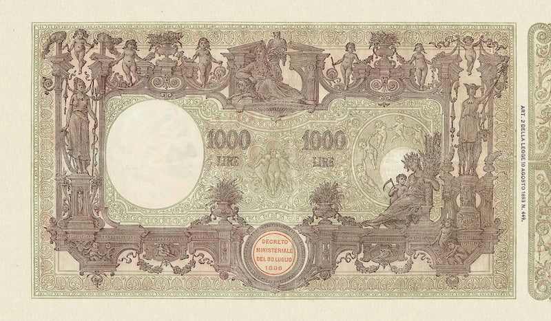 Italy banknote, Banca D'Italia, Seal Italia / Decreto Issue, 1000 Lire, 1896, Pick P-41, UNC