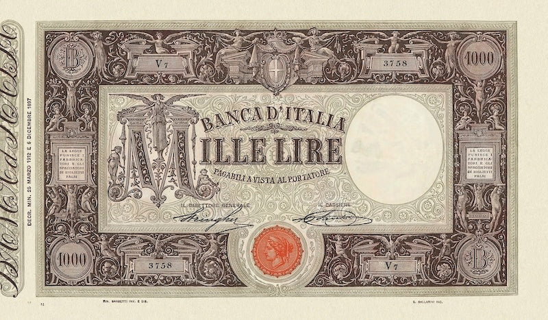 Italy banknote, Banca D'Italia, Seal Italia / Decreto Issue, 1000 Lire, 1896, Pick P-41, UNC
