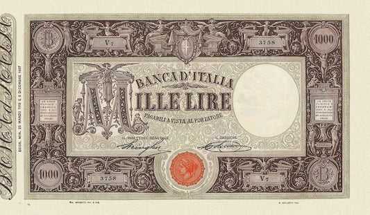 Italy banknote, Banca D'Italia, Seal Italia / Decreto Issue, 1000 Lire, 1896, Pick P-41, UNC