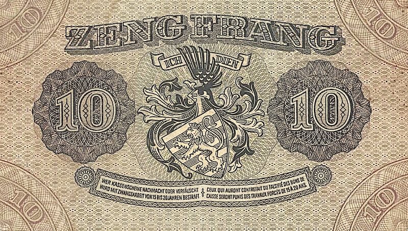 Luxembourg banknotes, Letzeburg Issue, 10 Frang, 1940, Pick P-41, UNC