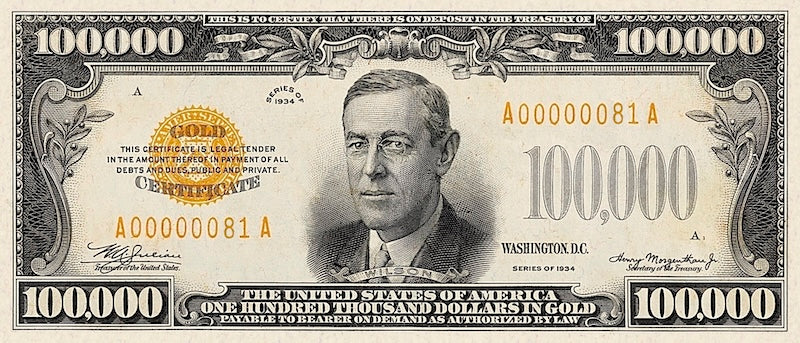 United States Treasury Gold Certificate banknote, $100000 Dollars, 1934, Pick P-411, UNC