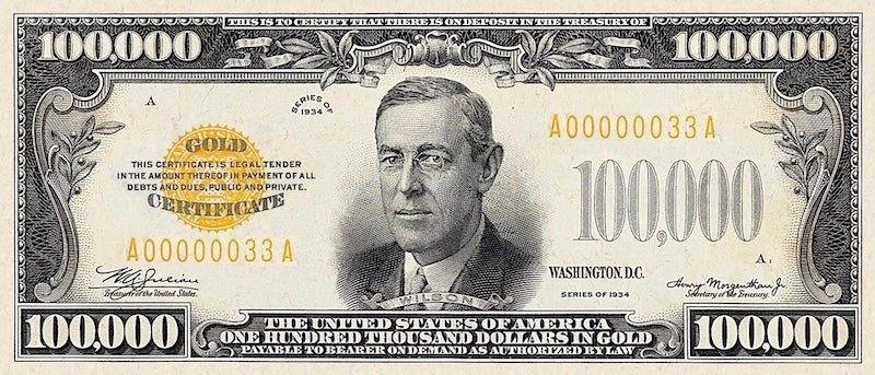United States Treasury Gold Certificate banknote, $100000 Dollars, 1934, Pick P-411, UNC