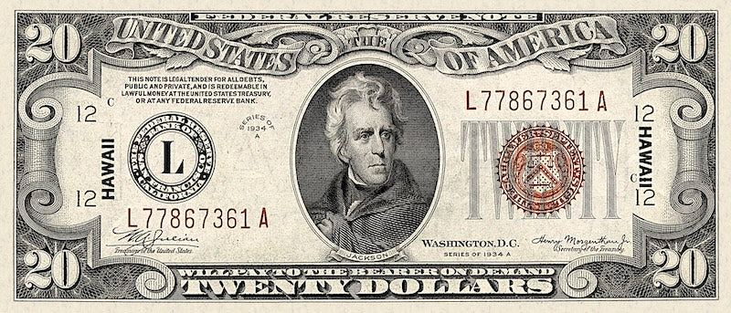 United States, Hawaii Overprint Emergency Issue banknote, $20 Dollars, 1942, Pick P-41, UNC