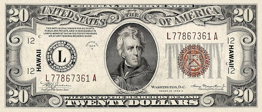 United States, Hawaii Overprint Emergency Issue banknote, $20 Dollars, 1942, Pick P-41, UNC