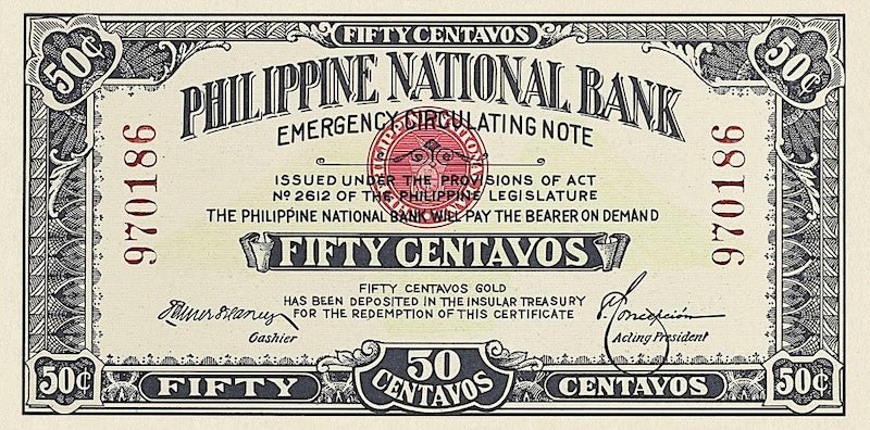 Philippines banknotes, World War 1 Emergency Issue, 50 centavos, Year 1917, Pick P-41, UNC