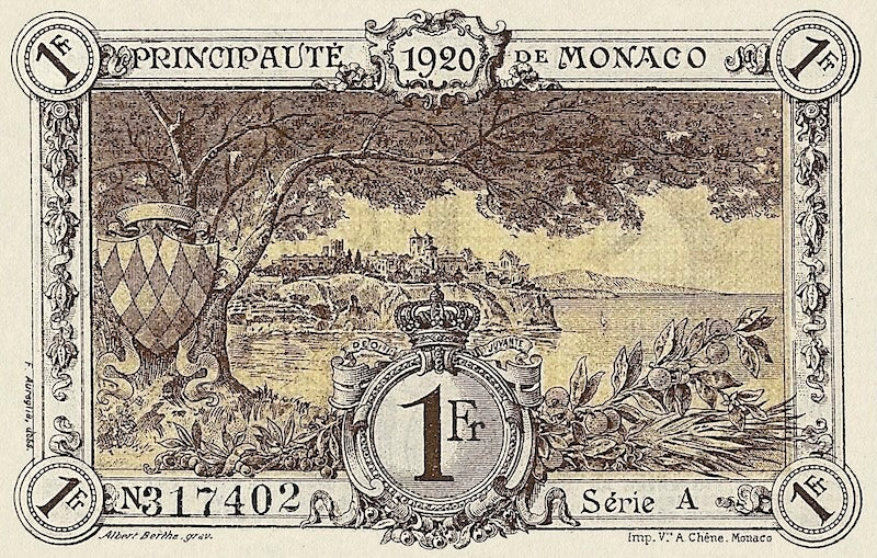 Monaco banknotes, Emergency Issue, 1 Franc, 1920, Pick P-4, UNC
