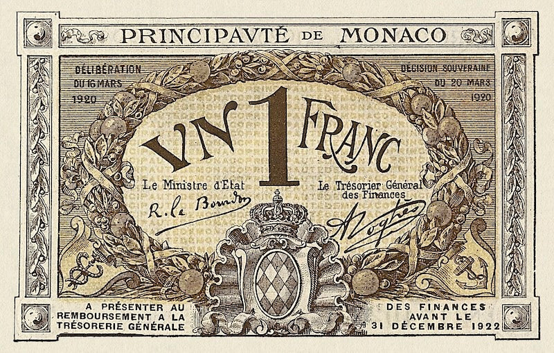 Monaco banknotes, Emergency Issue, 1 Franc, 1920, Pick P-4, UNC
