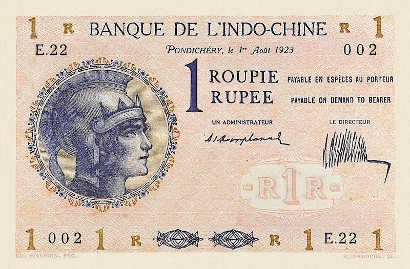French India banknote, Banque de l'Indochine, 1 Rupee / Roupie, 1919, Pick P-4, UNC