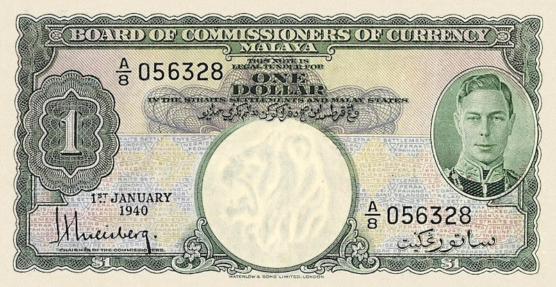 Malaya banknotes, George VI, $1 Dollar, 1939, Pick P-4, UNC