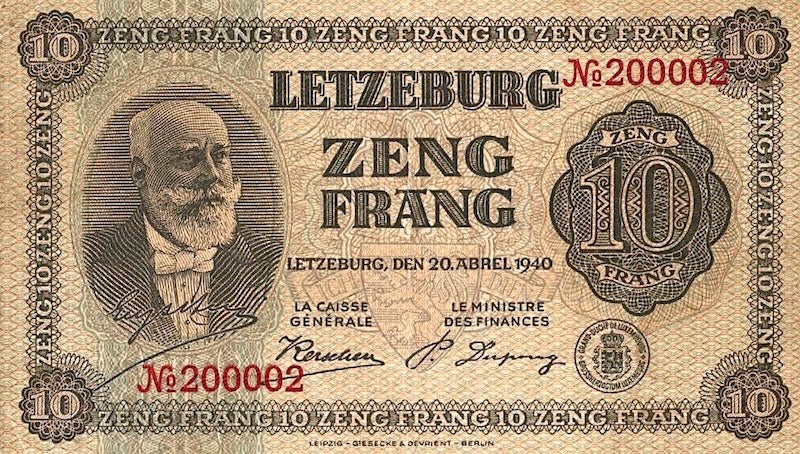 Luxembourg banknotes, Letzeburg Issue, 10 Frang, 1940, Pick P-41, UNC