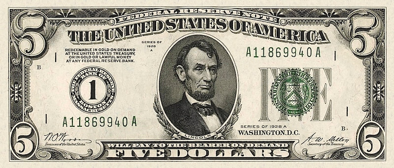 United States Federal Reserve banknote, $5 Dollars, 1928, Pick P-420, UNC
