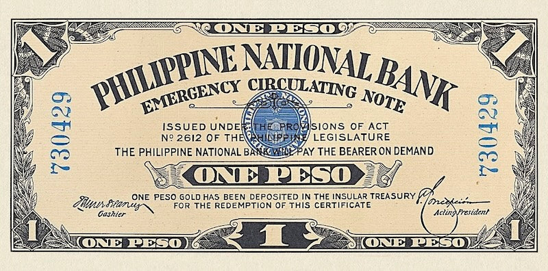 Philippines banknotes, World War 1 Emergency Issue, 1 Peso, Year 1917, Pick P-42, UNC
