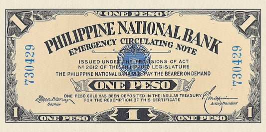 Philippines banknotes, World War 1 Emergency Issue, 1 Peso, Year 1917, Pick P-42, UNC