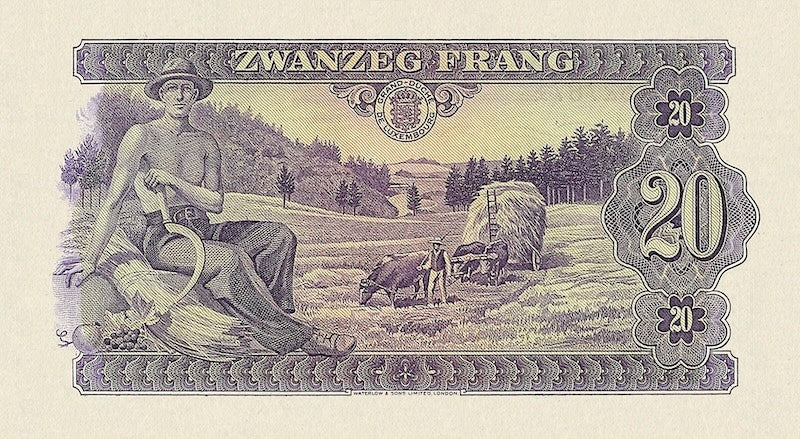 Luxembourg banknotes, Letzeburg Issue, 20 Frang, 1943, Pick P-42, UNC