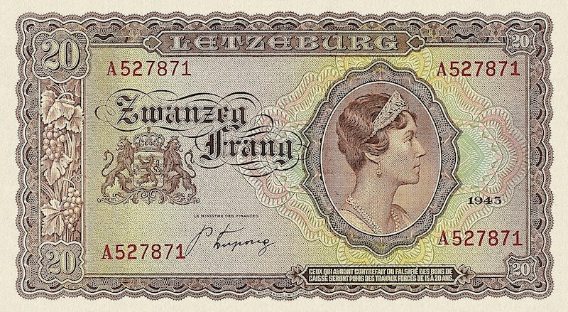 Luxembourg banknotes, Letzeburg Issue, 20 Frang, 1943, Pick P-42, UNC