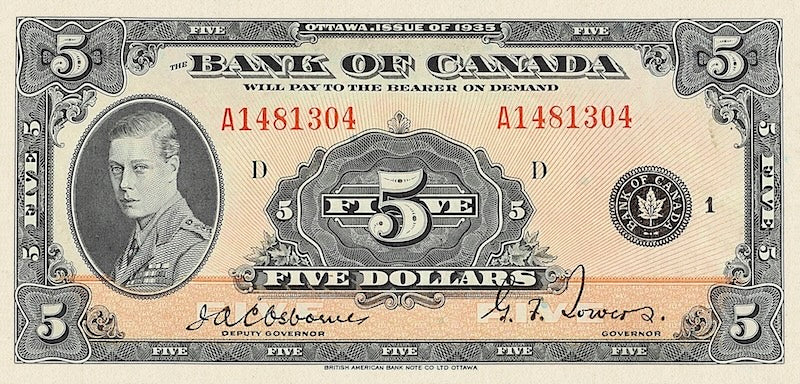Canada banknotes, Bank of Canada English Series, $5 Dollars, 1935, Pick P-42, UNC