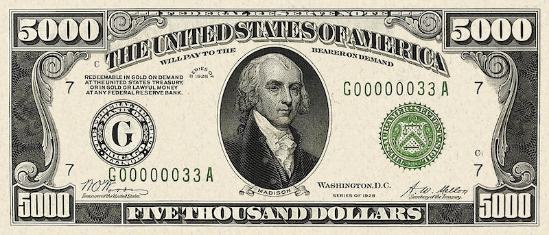 United States Federal Reserve banknote, $5000 Dollars, 1928, Pick P-427, UNC