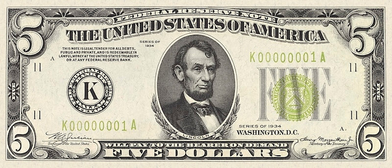 United States Federal Reserve banknote, $5 Dollars, 1934, Pick P-429, UNC